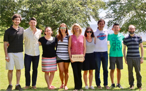 Dr. Marjy Friedrichs with recent students. From L: Danny Kaufman, Ike Irby, Julia Moriarty, Kelsey Fall, Friedrichs, Jessie Turner, Kyle Hinson, Fei Da, and post-doctoral researcher Pierre St-Laurent. 