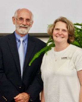 Nunnally Ichthyology Collection Curator and Manager Sarah Huber (R) joins VIMS Dean and Director John Wells following the 2018 Awards Ceremony. © C. Katella.