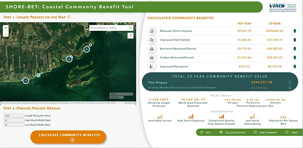 This screenshot shows an example of SHORE-BET, the shoreline restoration benefit calculator in development by the research team. 