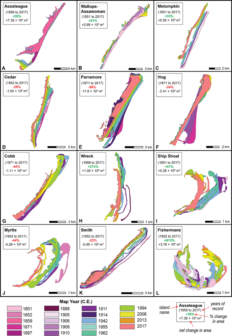 Areas and relative positions of the Virginia Barrier Islands from the mid/late 1800s to 2017 C.E. From Robbins et al., 2022, Geomorphology.